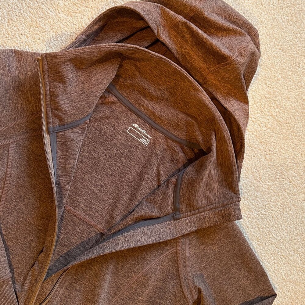 Eddie Bauer Women’s Brown Heathered Full Zip Hooded Performance Jacket Thumbhole